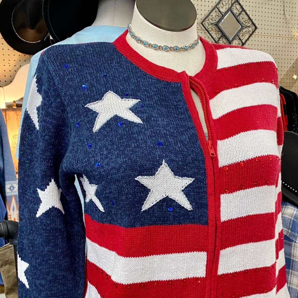 Vintage Tiara embellished ramie cotton cardigan red white blue patriotic small